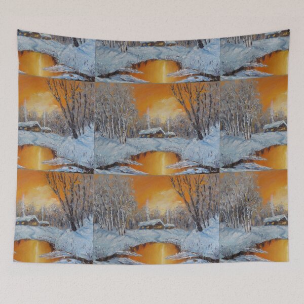Item preview, Winter sunset Snow Forest Cottage in woods Oil painting designed and sold by ArtUnova.