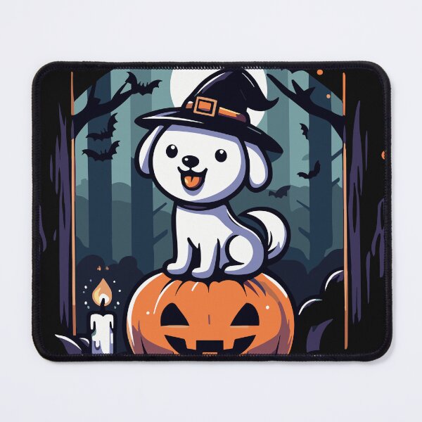 Item preview, “Treat or Trick”/carved pumpkin and dog dressed as a witch designed and sold by yensyriv.