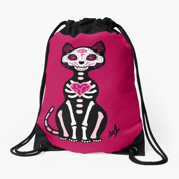 "Gato Rosado" Sugar Skull Cat Drawstring Bag