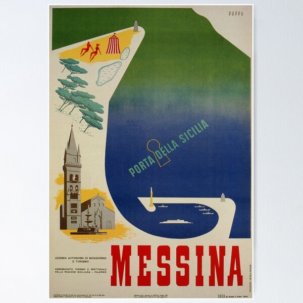 Item preview, Messina port of Sicily vintage Italian travel ad designed and sold by aapshop.