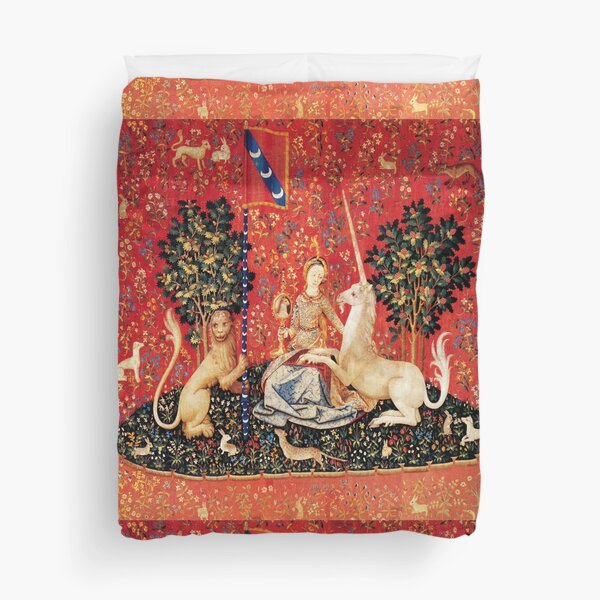 LADY AND UNICORN ,SIGHT Red Green Fantasy Flowers,Animals Duvet Cover