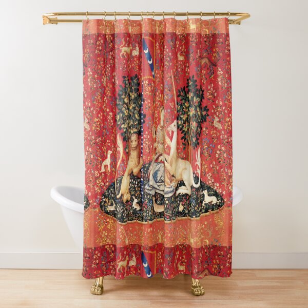 LADY AND UNICORN ,SIGHT Red Green Fantasy Flowers,Animals Shower Curtain