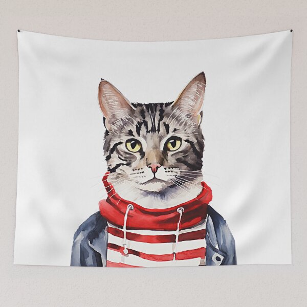 Item preview, Cat in a Red Striped Sweater and Blue Jacket designed and sold by MagicColorPrint.
