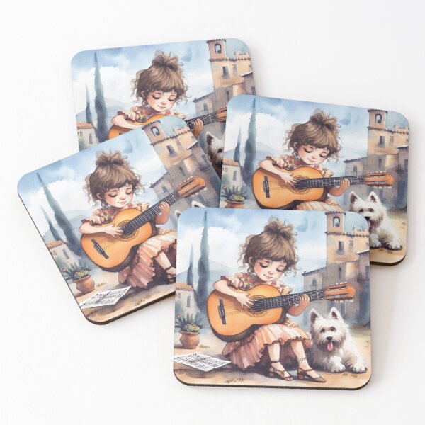 Item preview, Girl Playing the Flamenco Guitar with her Catalan Sheepdog in Spain Sweet Happy Child Music Gift designed and sold by ElegantTeaTime.