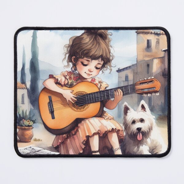 Item preview, Girl Playing the Flamenco Guitar with her Catalan Sheepdog in Spain Sweet Happy Child Music Gift designed and sold by ElegantTeaTime.