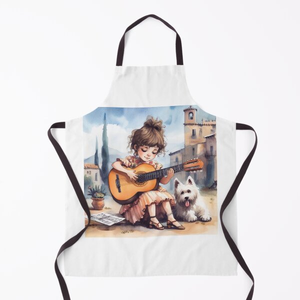 Item preview, Girl Playing the Flamenco Guitar with her Catalan Sheepdog in Spain Sweet Happy Child Music Gift designed and sold by ElegantTeaTime.