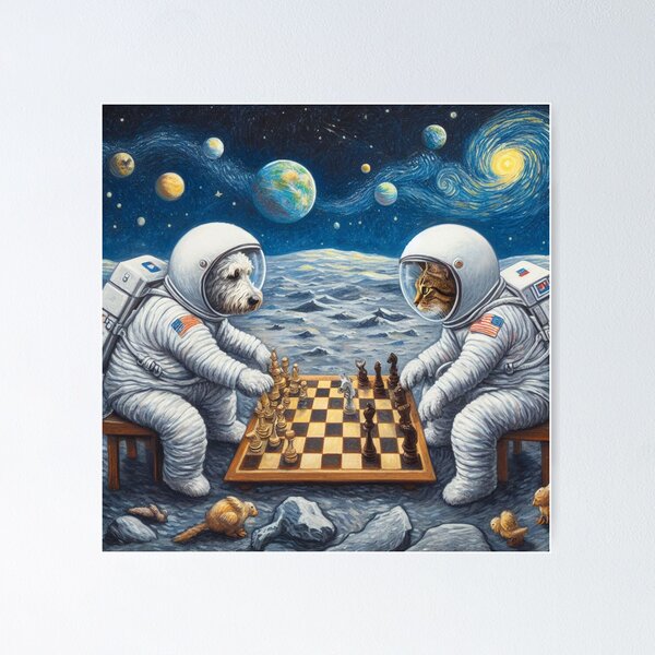 Item preview, A dog and a cat playing chess on the moon designed and sold by MegaTOH.