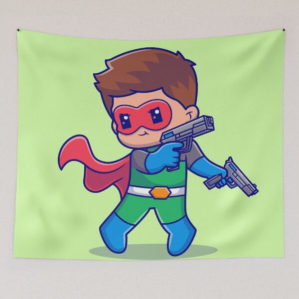 Item preview, Cute super hero holding pistol gun cartoon vector icon illustration people holiday designed and sold by hjian8219.
