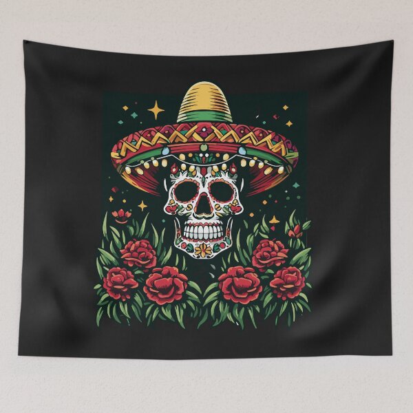 Item preview, "Sugar skull with a hat surrounded by red roses"/A cheerful Mexican skull with a charro hat and marigold flowers. designed and sold by yensyriv.