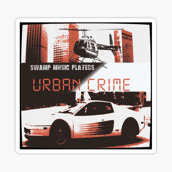 Swamp Music Players, Urban Crime, Retro 1980s Miami skyline, Testarossa & Bell Chopper Sticker