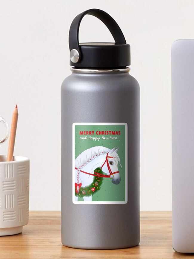 Thumbnail 1 of 3, Sticker, Merry Christmas white Arabian horse designed and sold by Chiwowy.
