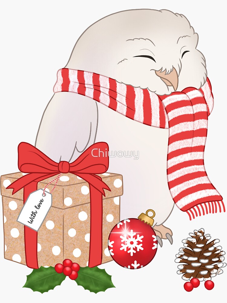 Thumbnail 3 of 3, Sticker, Cute barn owl with christmas present designed and sold by Chiwowy.