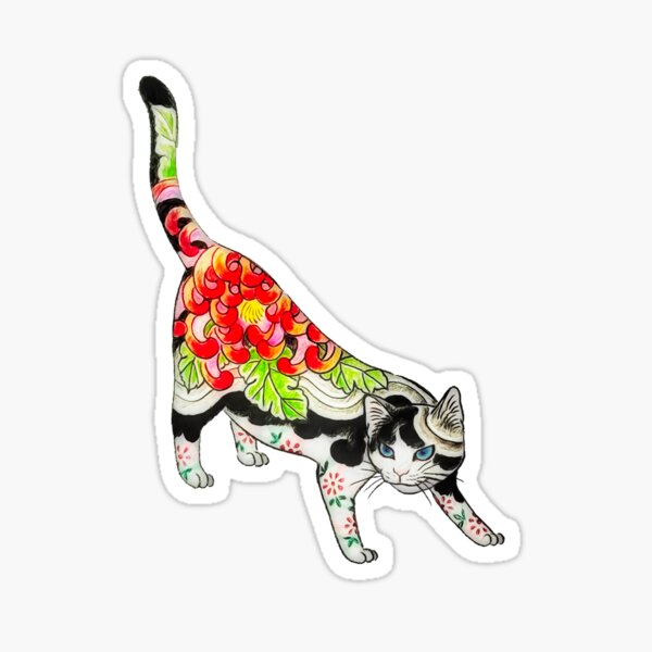 Item preview, Antique Japanese Woodblock Print Cat with Flower Tattoos designed and sold by Epitome Girl.