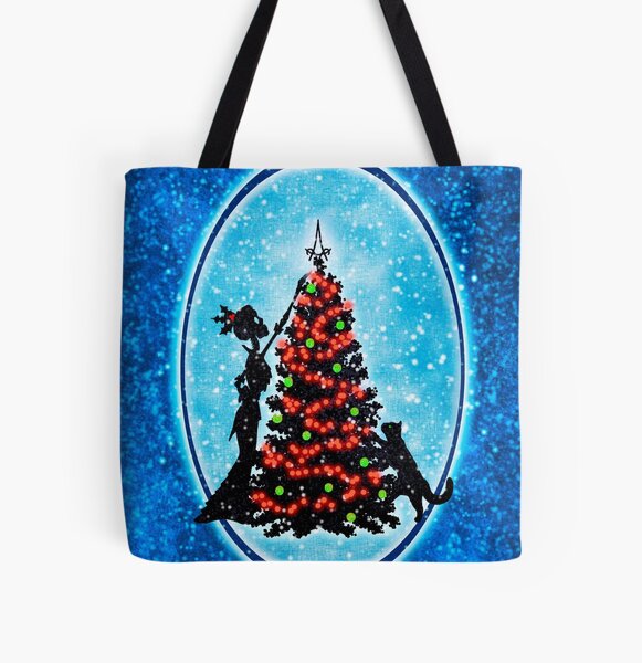 "Deck the Halls" Cat and Skeleton Yule Tree All Over Print Tote Bag