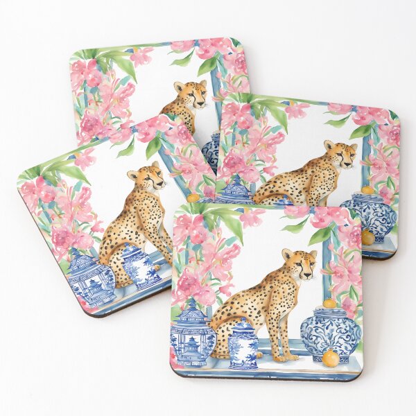 Item preview, Preppy cheetah and chinoiserie jars watercolor designed and sold by SophieClimaArt.
