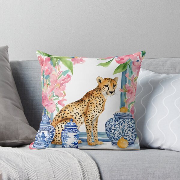 Item preview, Preppy cheetah and chinoiserie jars watercolor designed and sold by SophieClimaArt.