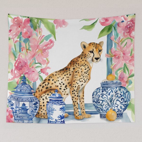 Item preview, Preppy cheetah and chinoiserie jars watercolor designed and sold by SophieClimaArt.