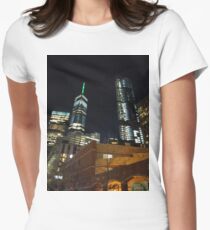 New York, Manhattan, Brooklyn, New York City, architecture, street, building, tree, car, pedestrians, day, night, nightlight, house, condominium,  Women's Fitted T-Shirt