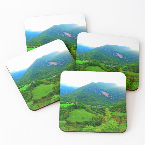 Item preview, View from Sarnano at the Sibillini Mountains, hills, cattle, buildings designed and sold by Kristina Drozd.