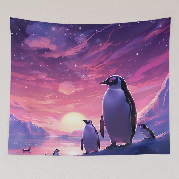 Item preview, Interstellar Penguin Odyssey: Anime-style Purple Night & Rainbow Vistas designed and sold by PaintbrushPlace.