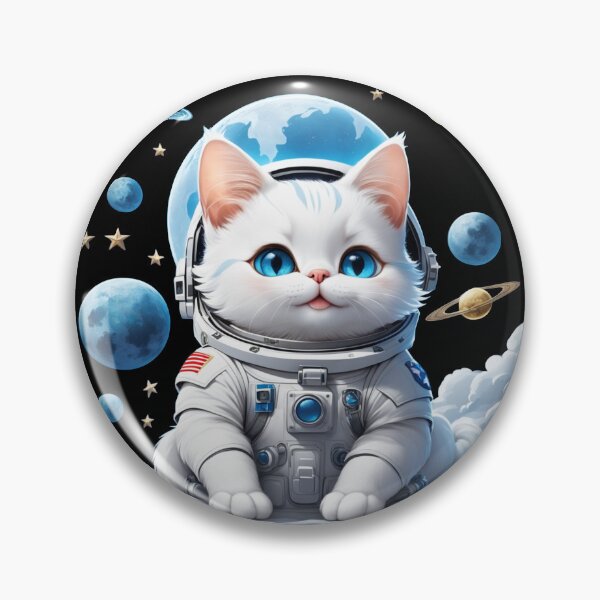 Artikelvorschau, Niedliche weiße Weltraumkatze mit blauen Augen, die den Mond und die Sterne betrachtet. Astronautenkatze. entworfen und verkauft von By-Jeff.