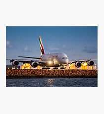 Emirates Airbus A380 Lands at Sunset, Sydney Airport Australia - Plane + Travel + Tourist = Holiday Photographic Print