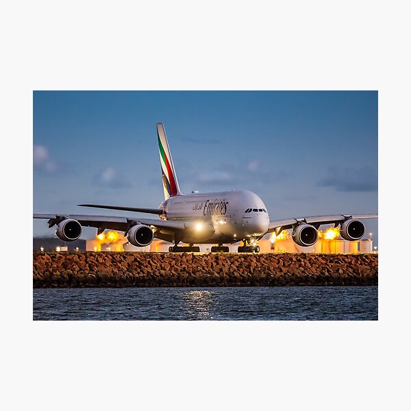 Emirates Airbus A380 Lands at Sunset, Sydney Airport Australia - Plane + Travel + Tourist = Holiday Photographic Print