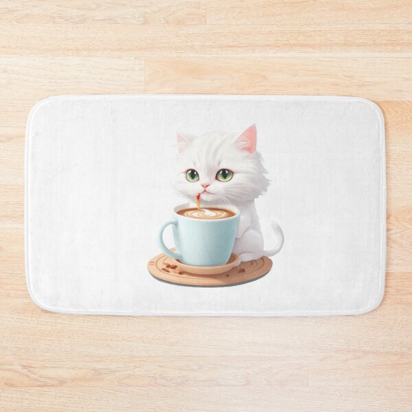 Item preview, cute white cat drinking coffee designed and sold by KorArtStudio.
