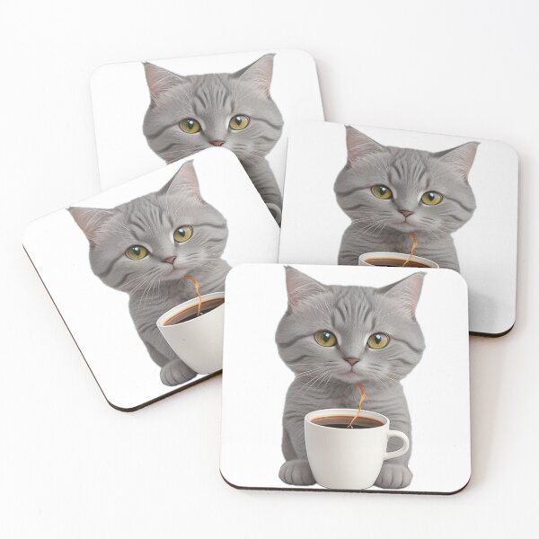 Item preview, cute grey cat drinking coffee designed and sold by KorArtStudio.