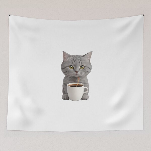 Item preview, cute grey cat drinking coffee designed and sold by KorArtStudio.