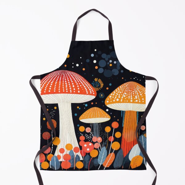 Item preview, Dotted Colorful Mushrooms on Black Background Mid Century Modern Art Print designed and sold by GulDesignCo.