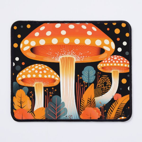 Item preview, Dotted Orange Mushrooms on Black Background Mid Century Modern Cottagecore Print designed and sold by GulDesignCo.