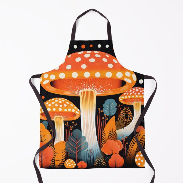 Item preview, Dotted Orange Mushrooms on Black Background Mid Century Modern Cottagecore Print designed and sold by GulDesignCo.