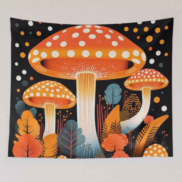 Item preview, Dotted Orange Mushrooms on Black Background Mid Century Modern Cottagecore Print designed and sold by GulDesignCo.
