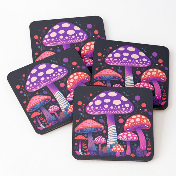 Item preview, Dotted Pink&Purple Mushrooms on Black Background Trippy Art Print designed and sold by GulDesignCo.