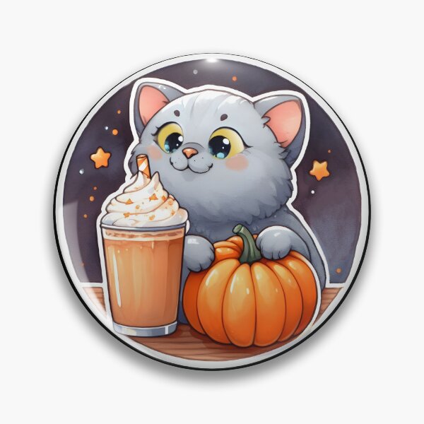 Item preview, A gray cat with a pumpkin spice latte with whipped cream and a pumpkin designed and sold by shirtsmugslife.