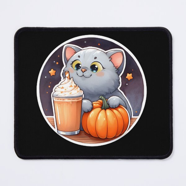 Item preview, A gray cat with a pumpkin spice latte with whipped cream and a pumpkin designed and sold by shirtsmugslife.