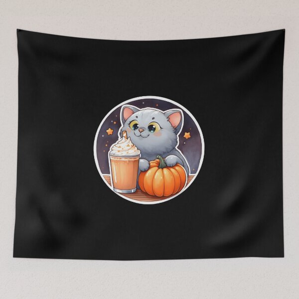 Item preview, A gray cat with a pumpkin spice latte with whipped cream and a pumpkin designed and sold by shirtsmugslife.