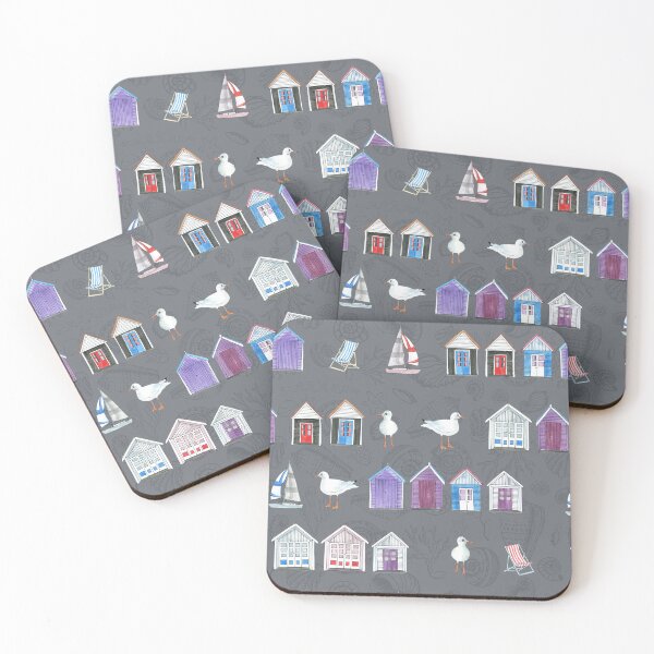 Item preview, Beach Huts, Bournemouth - on medium grey with shells - watercolour pattern by Cecca Designs designed and sold by Cecca-Designs.