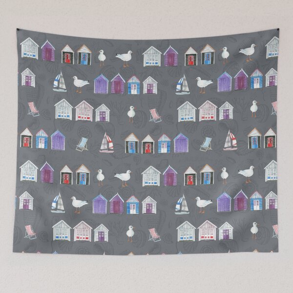 Item preview, Beach Huts, Bournemouth - on medium grey with shells - watercolour pattern by Cecca Designs designed and sold by Cecca-Designs.
