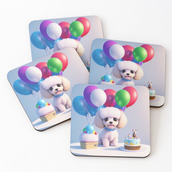 Item preview, Portrait of a poddle puppy at a birthday party with cake and balloons designed and sold by Tio-Tecun.