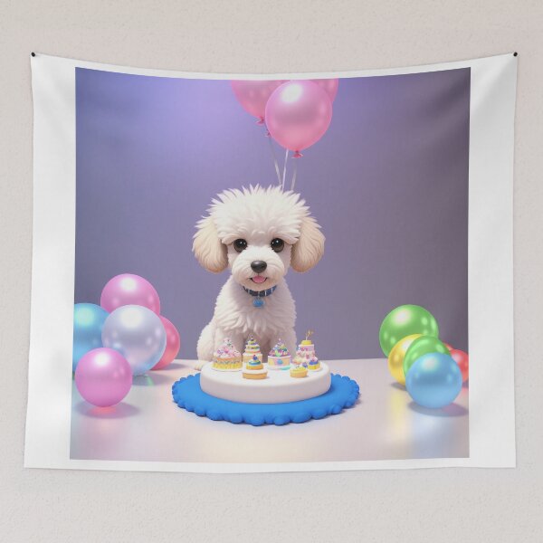 Item preview, Portrait of a poddle puppy at a birthday party with colorful balloons designed and sold by Tio-Tecun.