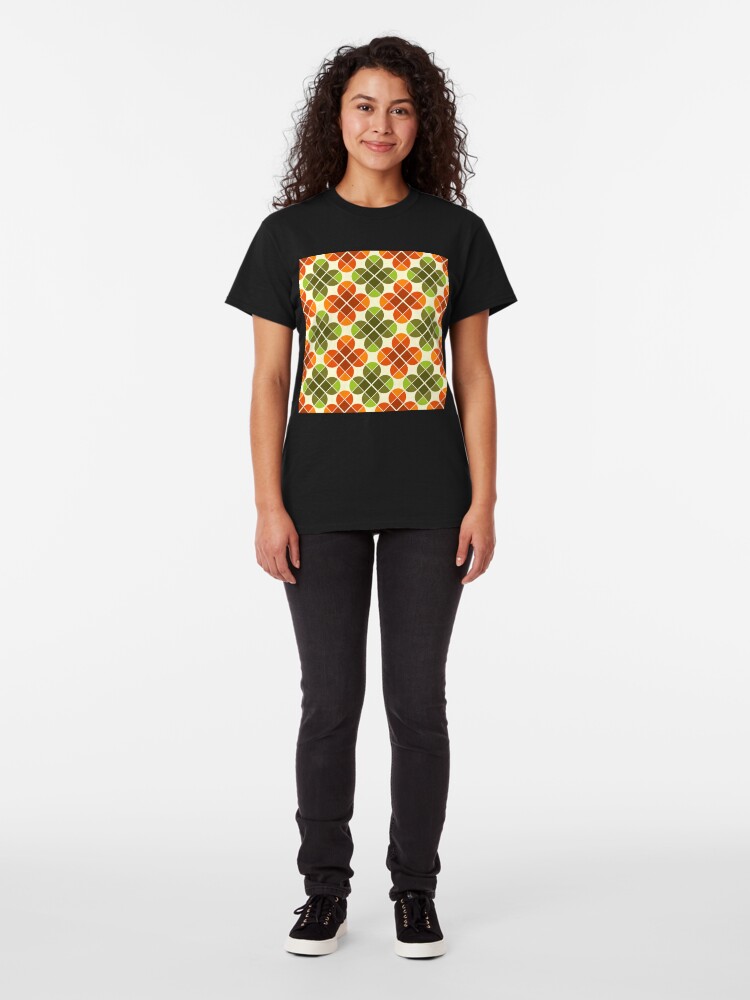 Alternate view of Geometric Pattern: Flower: Four Petal: Green/Orange Classic T-Shirt