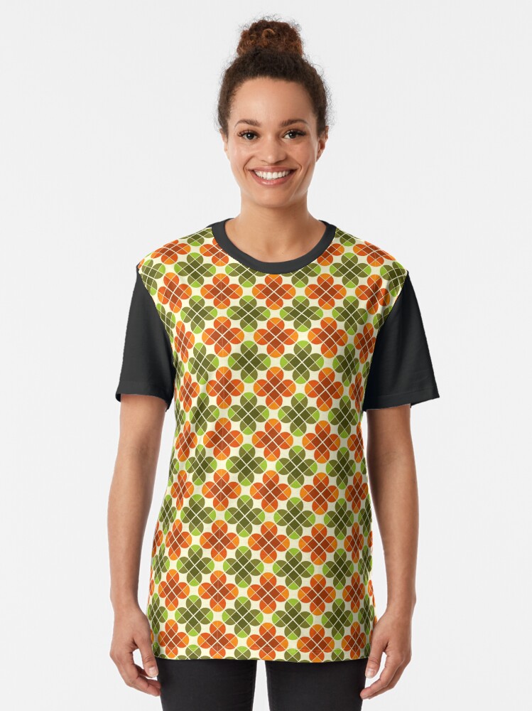 Alternate view of Geometric Pattern: Flower: Four Petal: Green/Orange Graphic T-Shirt