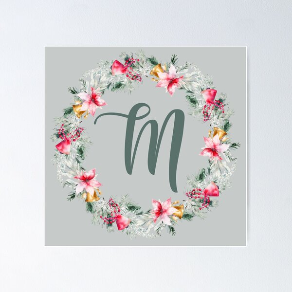 Aperçu de l'œuvre Poinsettia personnalisé : couronne de Noël monogramme M créée et vendue par EmeraldeaDesign.