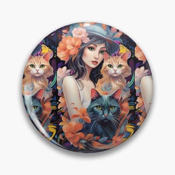 Item preview, woman with two cats wearing a flowered hat, orange and blue tones designed and sold by Creativesphotos.