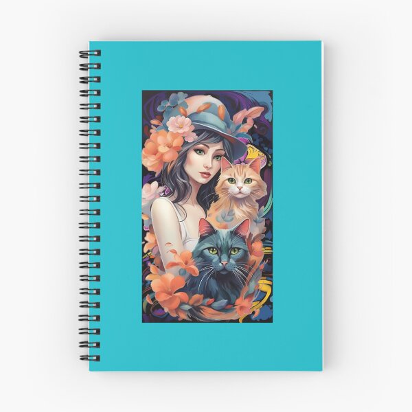 Item preview, woman with two cats wearing a flowered hat, orange and blue tones designed and sold by Creativesphotos.