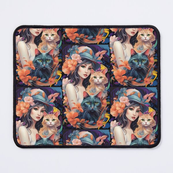 Item preview, woman with two cats wearing a flowered hat, orange and blue tones designed and sold by Creativesphotos.