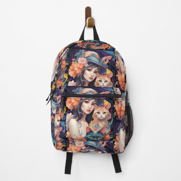 Item preview, woman with two cats wearing a flowered hat, orange and blue tones designed and sold by Creativesphotos.