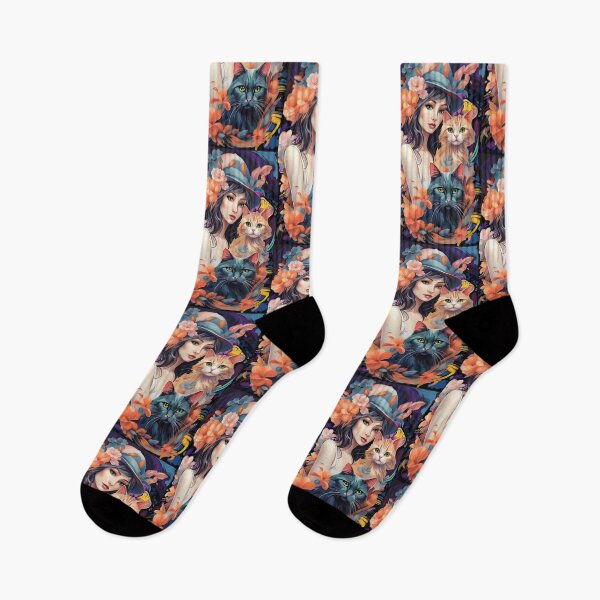Item preview, woman with two cats wearing a flowered hat, orange and blue tones designed and sold by Creativesphotos.